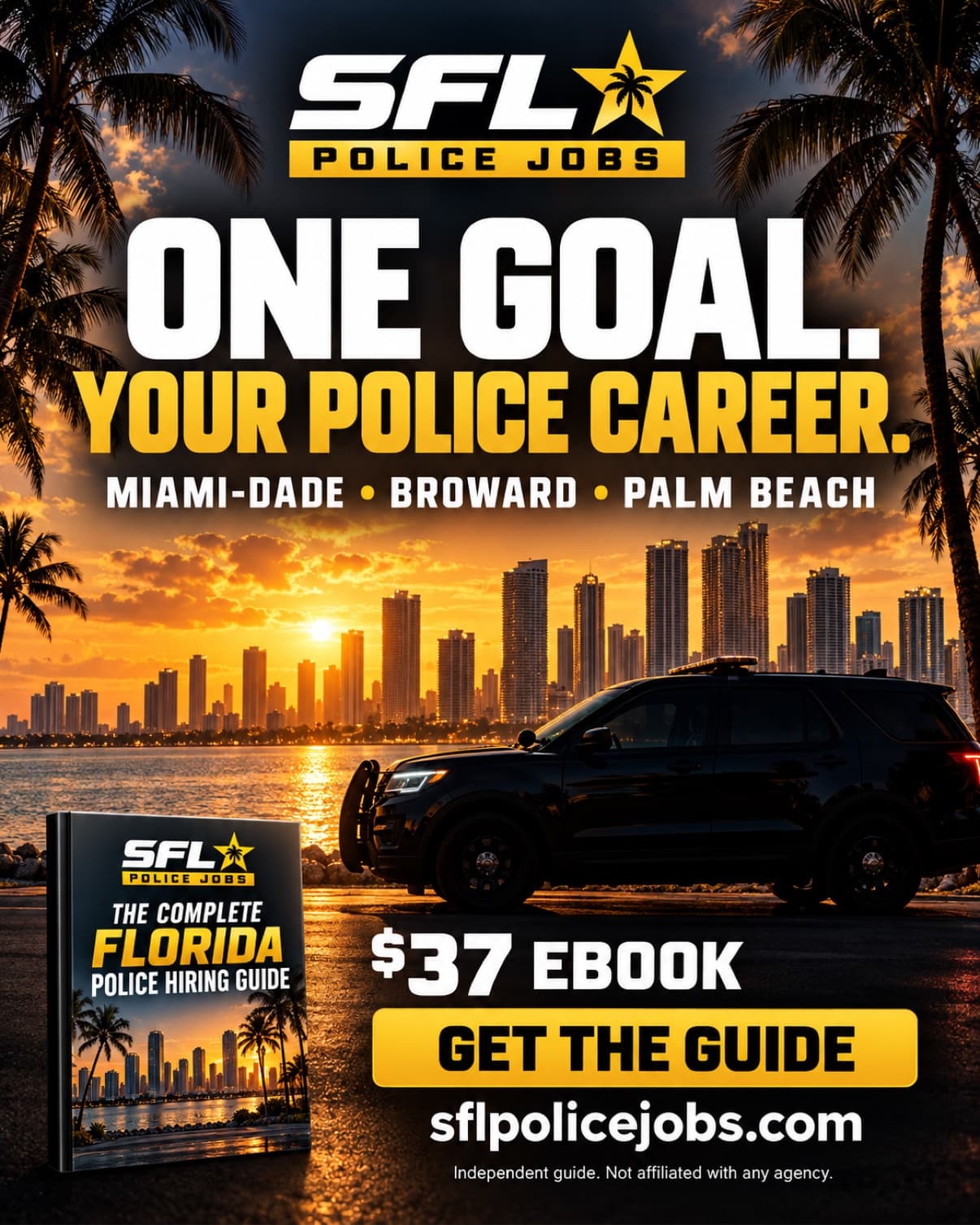 Miami skyline at sunset with police SUV — one goal: your police career. Miami-Dade, Broward, Palm Beach.
